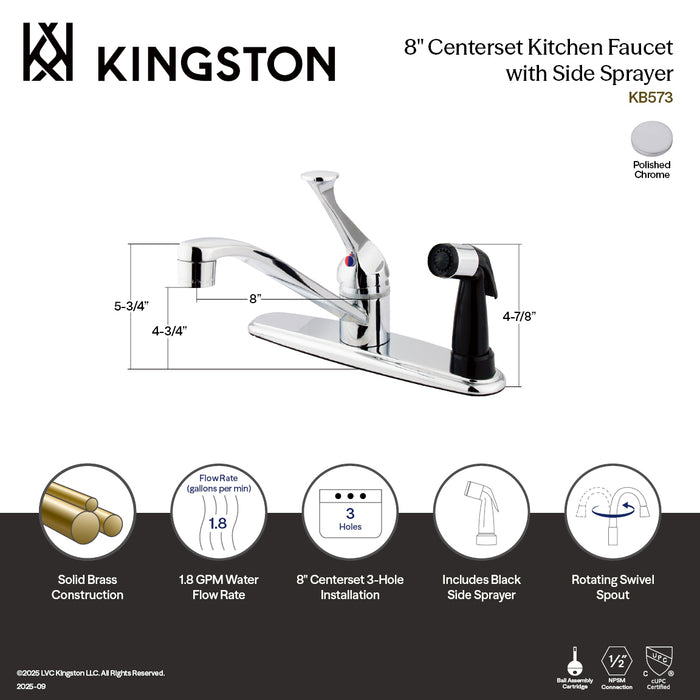 Kingston Tulare KB573 - Chatham One-Handle 3-Hole 8" Centerset Kitchen Faucet with Side Sprayer, Polished Chrome