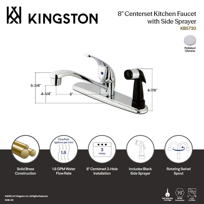 Kingston Tulare KB5730 - Chatham One-Handle 3-Hole 8" Centerset Kitchen Faucet with Side Sprayer, Polished Chrome
