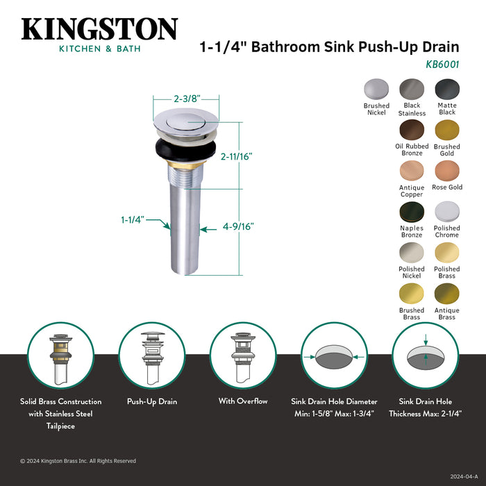 Complement KB6000 Brass Push Pop-Up Bathroom Sink Drain with Overflow, Matte Black