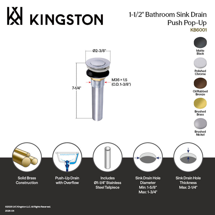 Kingston Complement KB6008 Brass Push Pop-Up Bathroom Sink Drain with Overflow, Brushed Nickel