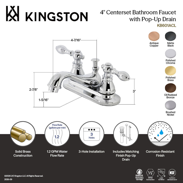 Kingston Heirloom KB600ACL - American Classic Double-Handle 3-Hole Deck Mount 4-Inch Centerset Bathroom Faucet with Pop-Up Drain, Matte Black