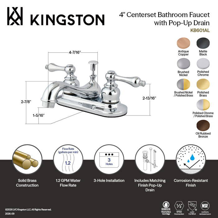 Kingston Heirloom KB600AL - Restoration Double-Handle 3-Hole Deck Mount 4-Inch Centerset Bathroom Faucet with Pop-Up Drain, Matte Black