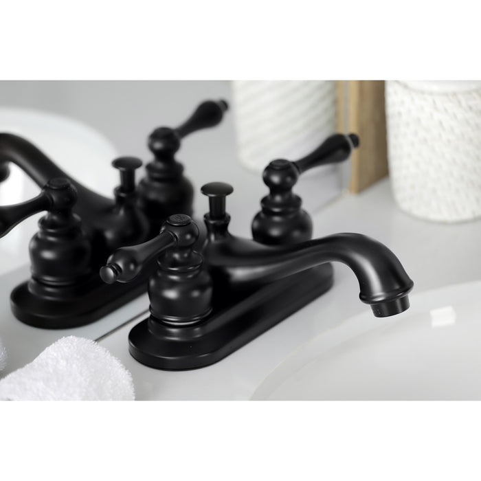 Kingston Heirloom KB600AL - Restoration Double-Handle 3-Hole Deck Mount 4-Inch Centerset Bathroom Faucet with Pop-Up Drain, Matte Black