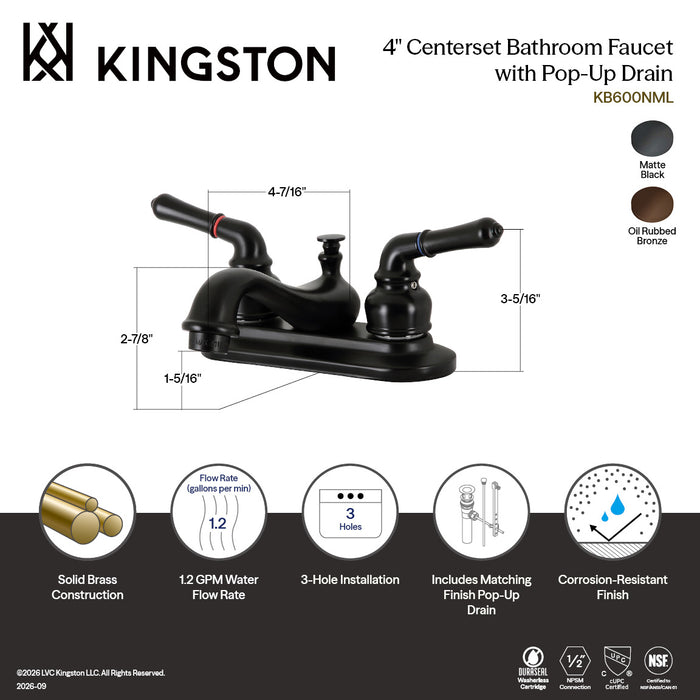 Kingston Heirloom KB600NML - Restoration Double-Handle 3-Hole Deck Mount 4-Inch Centerset Bathroom Faucet with Pop-Up Drain, Matte Black