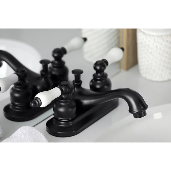 Kingston Heirloom KB600PL - Restoration Double-Handle 3-Hole Deck Mount 4-Inch Centerset Bathroom Faucet with Pop-Up Drain, Matte Black
