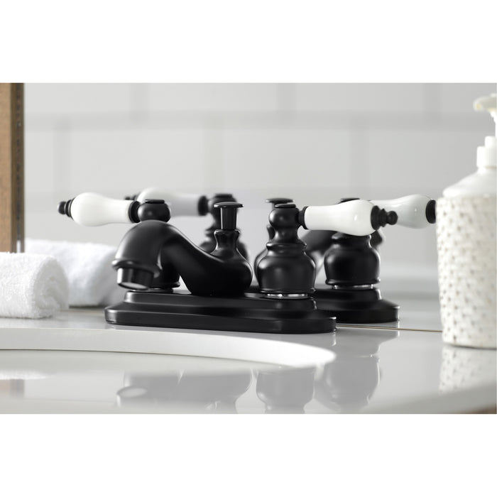 Kingston Heirloom KB600PL - Restoration Double-Handle 3-Hole Deck Mount 4-Inch Centerset Bathroom Faucet with Pop-Up Drain, Matte Black