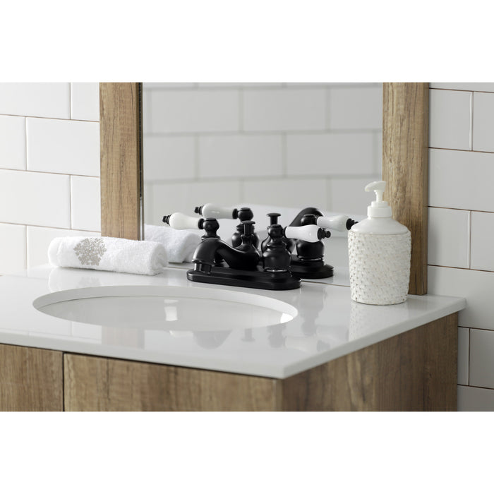 Kingston Heirloom KB600PL - Restoration Double-Handle 3-Hole Deck Mount 4-Inch Centerset Bathroom Faucet with Pop-Up Drain, Matte Black