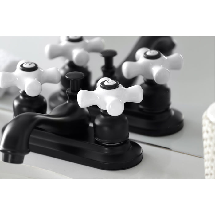 Kingston Heirloom KB600PX - Restoration Double-Handle 3-Hole Deck Mount 4-Inch Centerset Bathroom Faucet with Pop-Up Drain, Matte Black