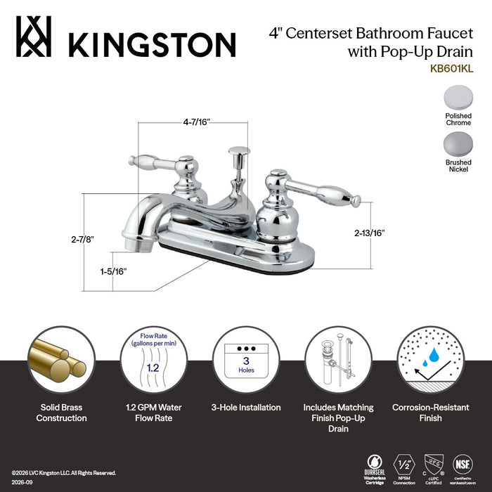 Kingston Tulare KB601KL - Knight Double-Handle 3-Hole Deck Mount 4-Inch Centerset Bathroom Faucet with Pop-Up Drain, Polished Chrome