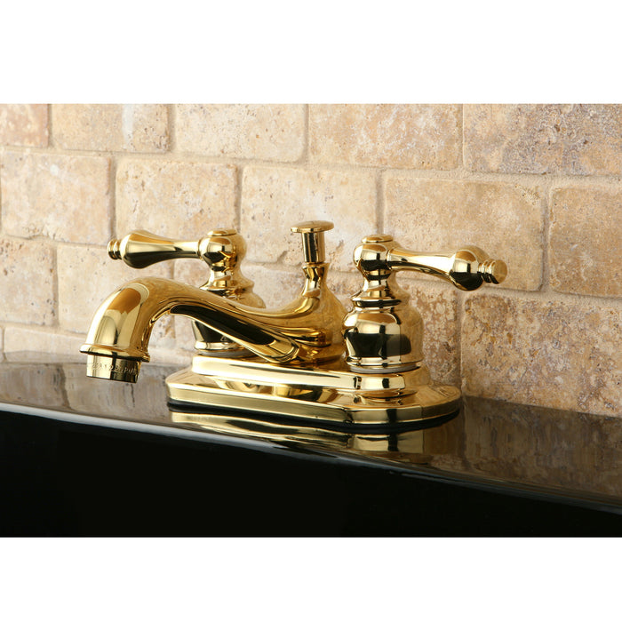 Kingston Heirloom KB602AL - Restoration Double-Handle 3-Hole Deck Mount 4-Inch Centerset Bathroom Faucet with Pop-Up Drain, Polished Brass