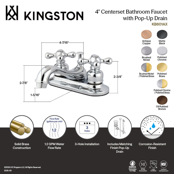 Kingston Heirloom KB602AX - Restoration Double-Handle 3-Hole Deck Mount 4-Inch Centerset Bathroom Faucet with Pop-Up Drain, Polished Brass