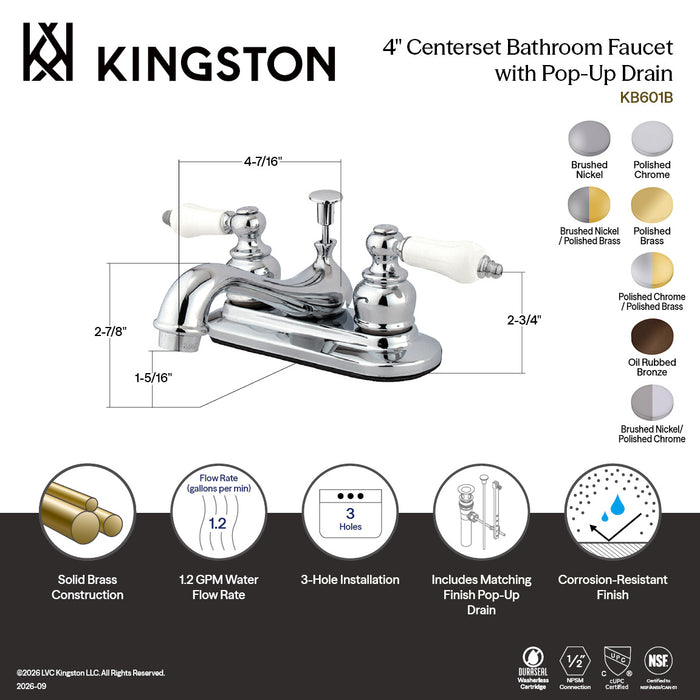 Kingston Heirloom KB602B - Restoration Double-Handle 3-Hole Deck Mount 4-Inch Centerset Bathroom Faucet with Pop-Up Drain, Polished Brass