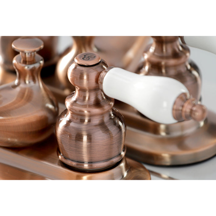 Kingston Heirloom KB606PL - Restoration Double-Handle 3-Hole Deck Mount 4-Inch Centerset Bathroom Faucet with Pop-Up Drain, Antique Copper