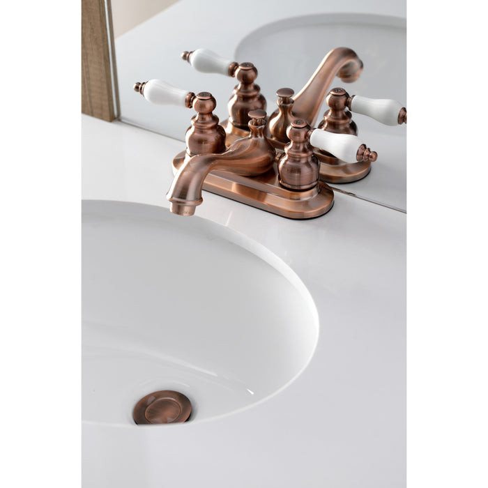 Kingston Heirloom KB606PL - Restoration Double-Handle 3-Hole Deck Mount 4-Inch Centerset Bathroom Faucet with Pop-Up Drain, Antique Copper