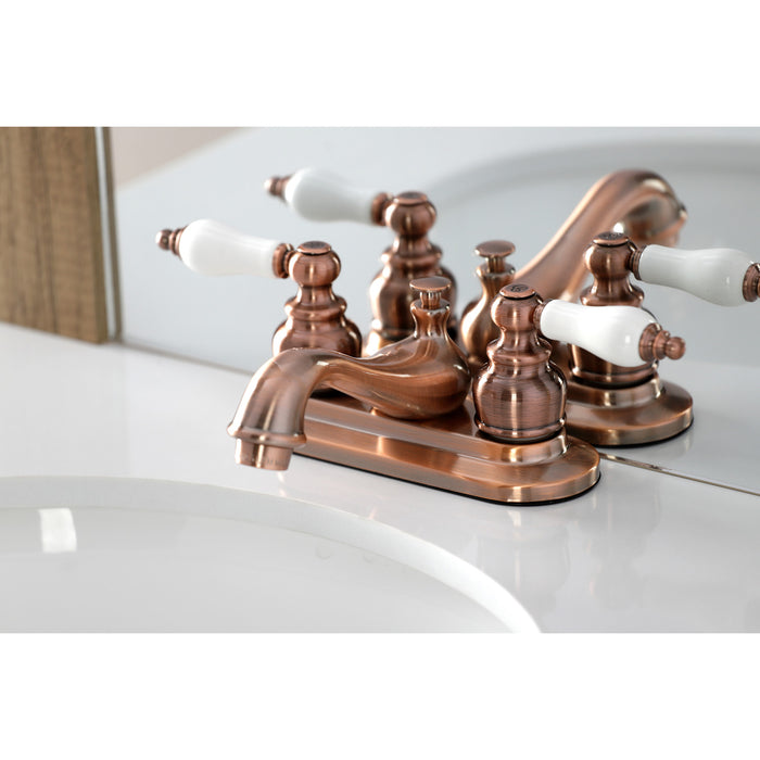 Kingston Heirloom KB606PL - Restoration Double-Handle 3-Hole Deck Mount 4-Inch Centerset Bathroom Faucet with Pop-Up Drain, Antique Copper