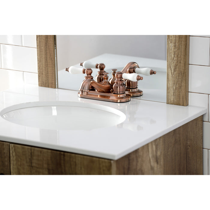 Kingston Heirloom KB606PL - Restoration Double-Handle 3-Hole Deck Mount 4-Inch Centerset Bathroom Faucet with Pop-Up Drain, Antique Copper