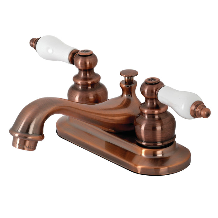 Kingston Heirloom KB606PL - Restoration Double-Handle 3-Hole Deck Mount 4-Inch Centerset Bathroom Faucet with Pop-Up Drain, Antique Copper