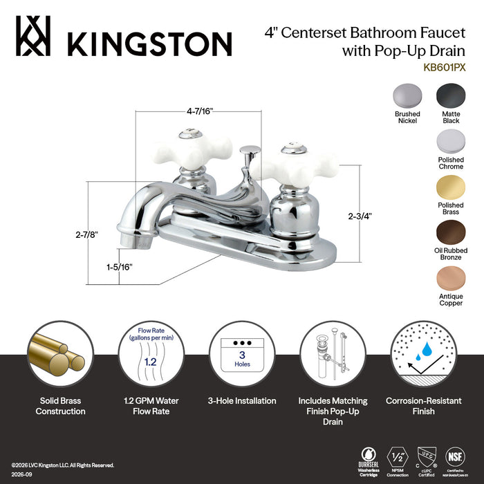 Kingston Heirloom KB606PX - Restoration Double-Handle 3-Hole Deck Mount 4-Inch Centerset Bathroom Faucet with Pop-Up Drain, Antique Copper