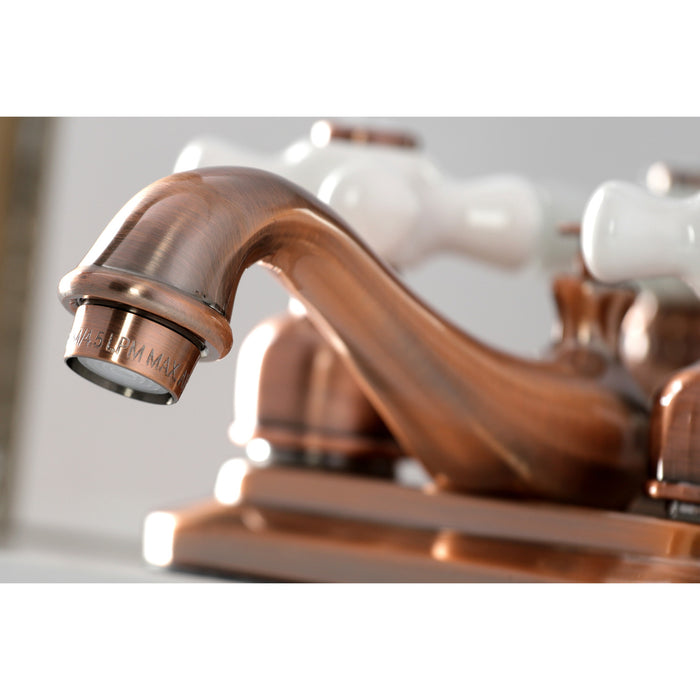 Kingston Heirloom KB606PX - Restoration Double-Handle 3-Hole Deck Mount 4-Inch Centerset Bathroom Faucet with Pop-Up Drain, Antique Copper
