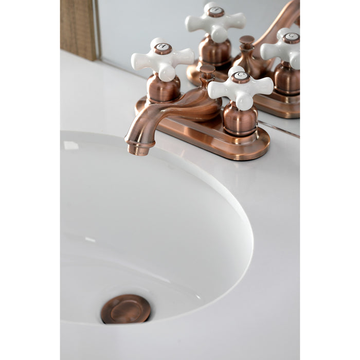 Kingston Heirloom KB606PX - Restoration Double-Handle 3-Hole Deck Mount 4-Inch Centerset Bathroom Faucet with Pop-Up Drain, Antique Copper