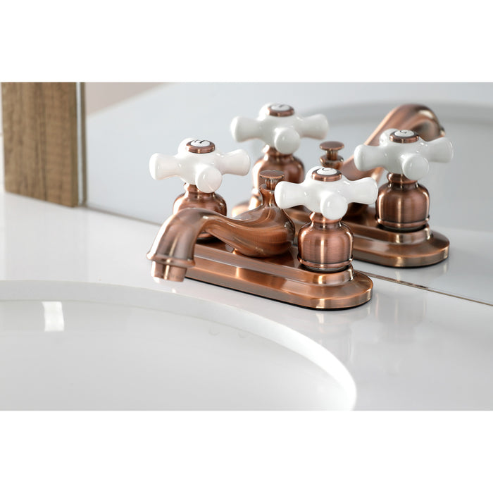 Kingston Heirloom KB606PX - Restoration Double-Handle 3-Hole Deck Mount 4-Inch Centerset Bathroom Faucet with Pop-Up Drain, Antique Copper