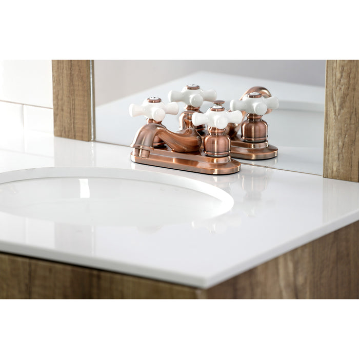 Kingston Heirloom KB606PX - Restoration Double-Handle 3-Hole Deck Mount 4-Inch Centerset Bathroom Faucet with Pop-Up Drain, Antique Copper