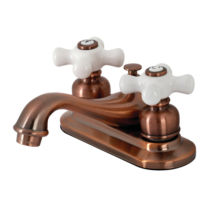 Kingston Heirloom KB606PX - Restoration Double-Handle 3-Hole Deck Mount 4-Inch Centerset Bathroom Faucet with Pop-Up Drain, Antique Copper