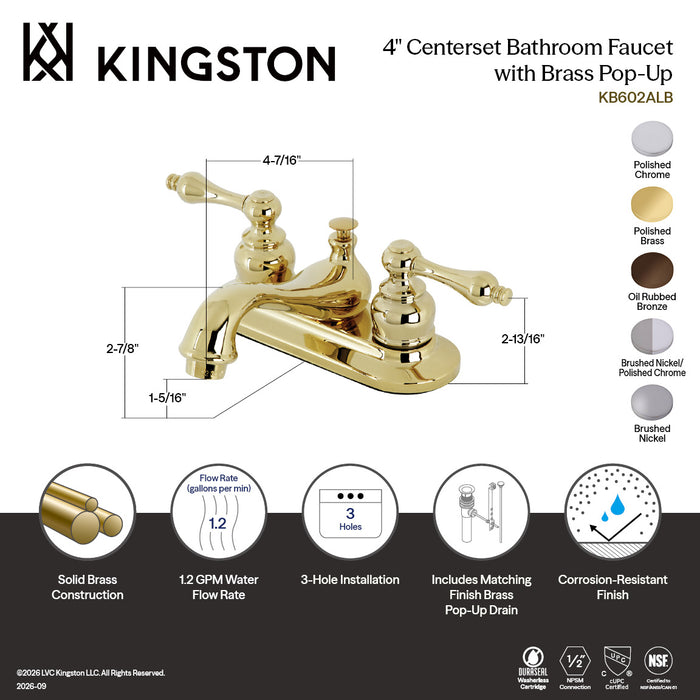 Kingston Heirloom KB607ALB - Restoration Double-Handle 3-Hole Deck Mount 4-Inch Centerset Bathroom Faucet with Brass Pop-Up, Brushed Nickel/Polished Chrome
