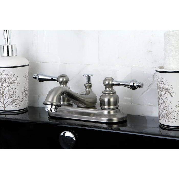 Kingston Heirloom KB607ALB - Restoration Double-Handle 3-Hole Deck Mount 4-Inch Centerset Bathroom Faucet with Brass Pop-Up, Brushed Nickel/Polished Chrome