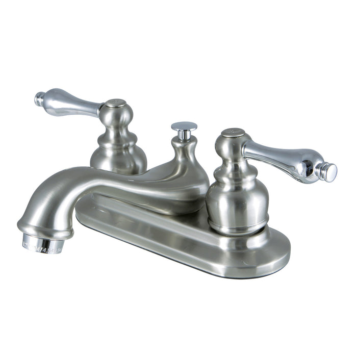 Kingston Heirloom KB607ALB - Restoration Double-Handle 3-Hole Deck Mount 4-Inch Centerset Bathroom Faucet with Brass Pop-Up, Brushed Nickel/Polished Chrome