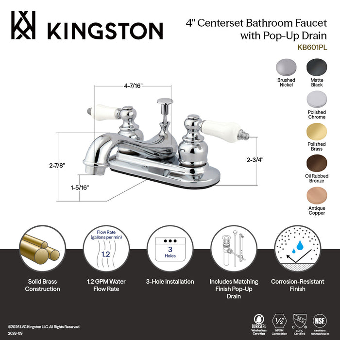 Kingston Heirloom KB608PL - Restoration Double-Handle 3-Hole Deck Mount 4-Inch Centerset Bathroom Faucet with Pop-Up Drain, Brushed Nickel