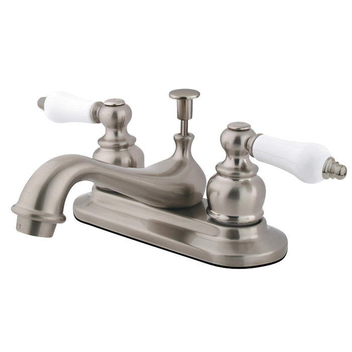 Kingston Heirloom KB608PL - Restoration Double-Handle 3-Hole Deck Mount 4-Inch Centerset Bathroom Faucet with Pop-Up Drain, Brushed Nickel