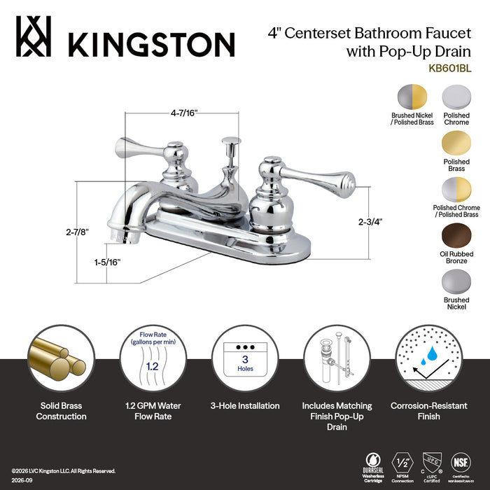 Kingston Tulare KB609BL - English Vintage Double-Handle 3-Hole Deck Mount 4-Inch Centerset Bathroom Faucet with Pop-Up Drain, Brushed Nickel/Polished Brass