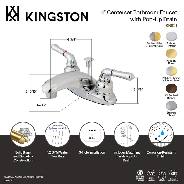 Kingston Tulare KB621 - Magellan Double-Handle 3-Hole Deck Mount 4-Inch Centerset Bathroom Faucet with Pop-Up Drain, Polished Chrome