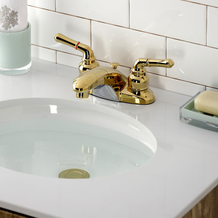 Kingston Tulare KB622 - Magellan Double-Handle 3-Hole Deck Mount 4-Inch Centerset Bathroom Faucet with Pop-Up Drain, Polished Brass