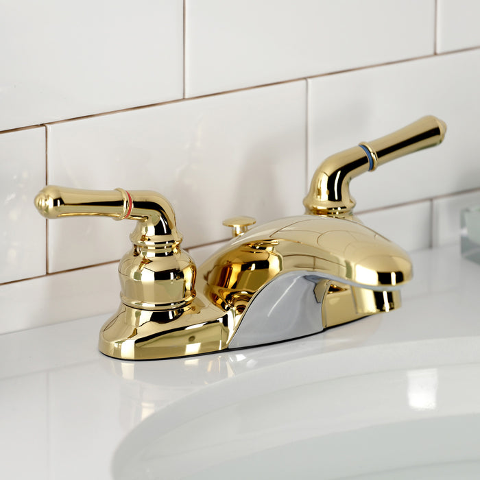 Kingston Tulare KB622 - Magellan Double-Handle 3-Hole Deck Mount 4-Inch Centerset Bathroom Faucet with Pop-Up Drain, Polished Brass