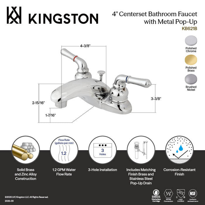 Kingston Tulare KB622B - Magellan Double-Handle 3-Hole Deck Mount 4-Inch Centerset Bathroom Faucet with Brass Pop-Up, Polished Brass