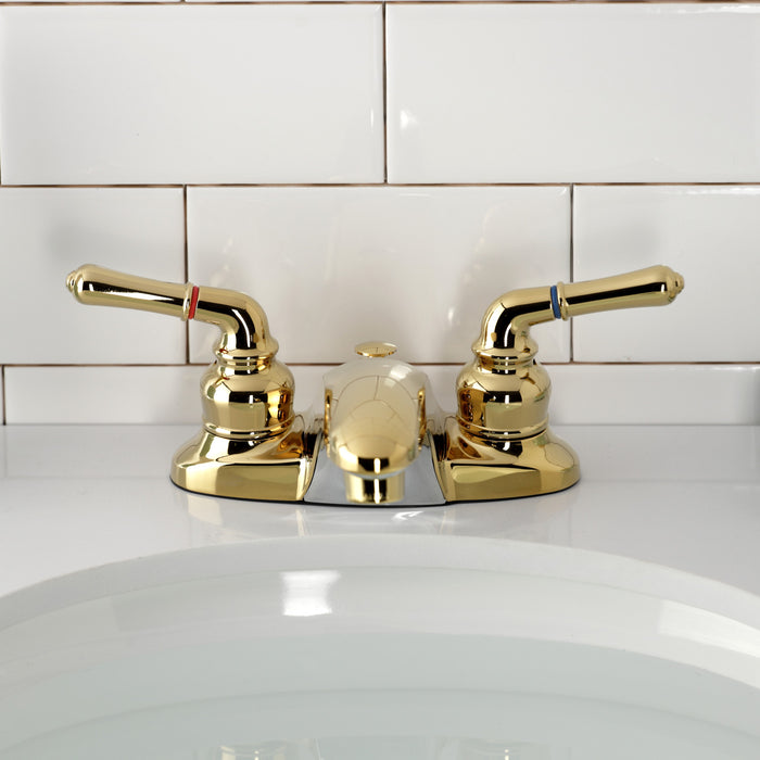 Kingston Tulare KB622B - Magellan Double-Handle 3-Hole Deck Mount 4-Inch Centerset Bathroom Faucet with Brass Pop-Up, Polished Brass