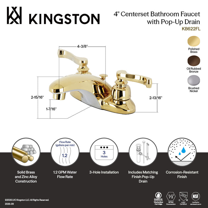 Kingston Tulare KB622FL - Magellan Double-Handle 3-Hole Deck Mount 4-Inch Centerset Bathroom Faucet with Pop-Up Drain, Polished Brass