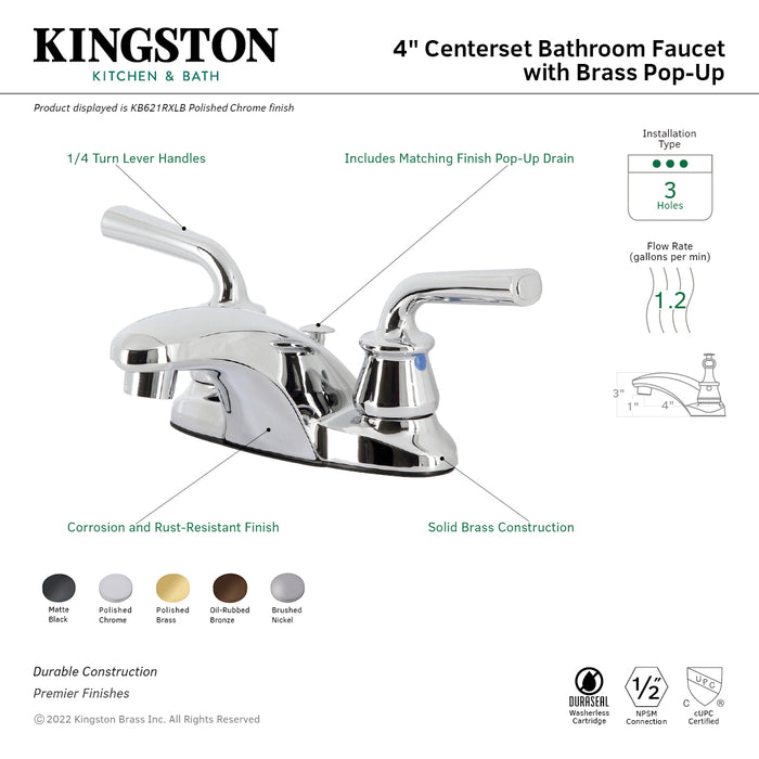 Kingston Tulare KB622RXLB - Restoration Double-Handle 3-Hole Deck Mount 4-Inch Centerset Bathroom Faucet with Brass Pop-Up, Polished Brass