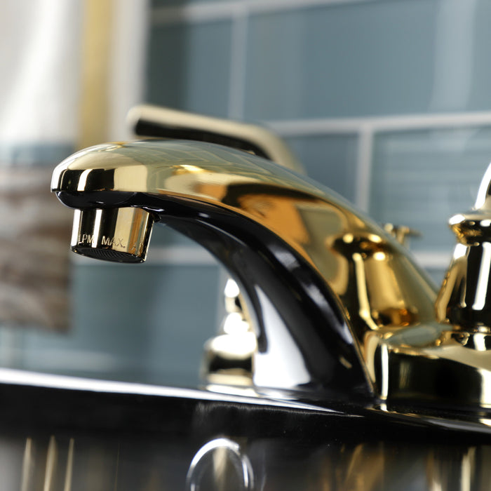 Kingston Tulare KB622RXLB - Restoration Double-Handle 3-Hole Deck Mount 4-Inch Centerset Bathroom Faucet with Brass Pop-Up, Polished Brass