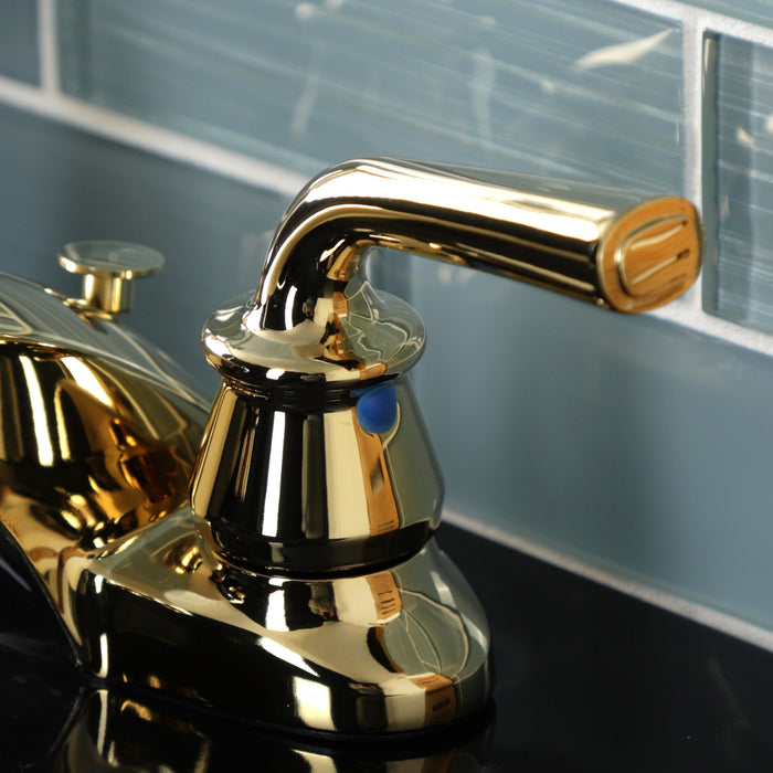 Kingston Tulare KB622RXLB - Restoration Double-Handle 3-Hole Deck Mount 4-Inch Centerset Bathroom Faucet with Brass Pop-Up, Polished Brass