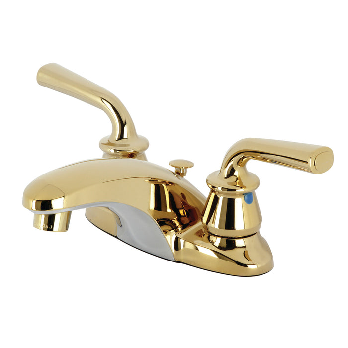 Kingston Tulare KB622RXLB - Restoration Double-Handle 3-Hole Deck Mount 4-Inch Centerset Bathroom Faucet with Brass Pop-Up, Polished Brass