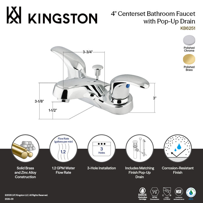 Kingston Tulare KB6252 - Legacy Double-Handle 3-Hole Deck Mount 4-Inch Centerset Bathroom Faucet with ABS Pop-Up Drain, Polished Brass