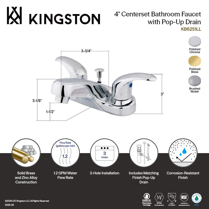 Kingston Tulare KB6258LL - Legacy Double-Handle 3-Hole Deck Mount 4-Inch Centerset Bathroom Faucet with Pop-Up Drain, Brushed Nickel