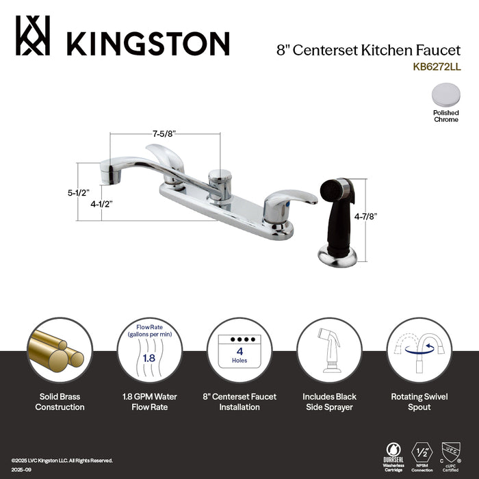 Kingston Tulare KB6272LL - Legacy Two-Handle 4-Hole 8" Centerset Kitchen Faucet with Side Sprayer, Polished Chrome
