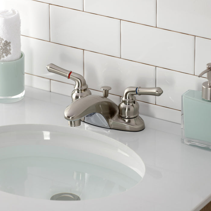 Kingston Tulare KB628 - Magellan Double-Handle 3-Hole Deck Mount 4-Inch Centerset Bathroom Faucet with Pop-Up Drain, Brushed Nickel