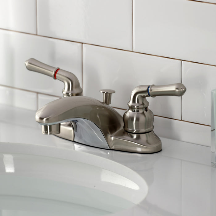 Kingston Tulare KB628 - Magellan Double-Handle 3-Hole Deck Mount 4-Inch Centerset Bathroom Faucet with Pop-Up Drain, Brushed Nickel