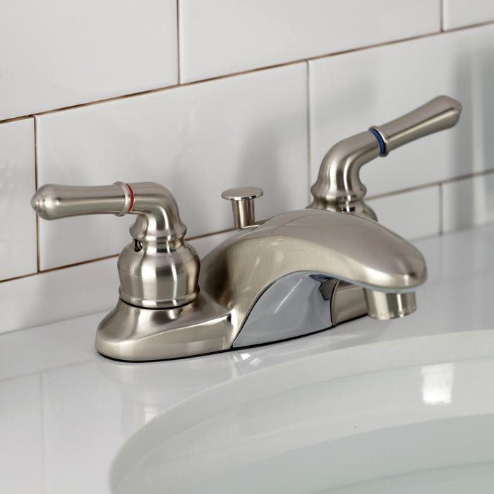 Kingston Tulare KB628 - Magellan Double-Handle 3-Hole Deck Mount 4-Inch Centerset Bathroom Faucet with Pop-Up Drain, Brushed Nickel
