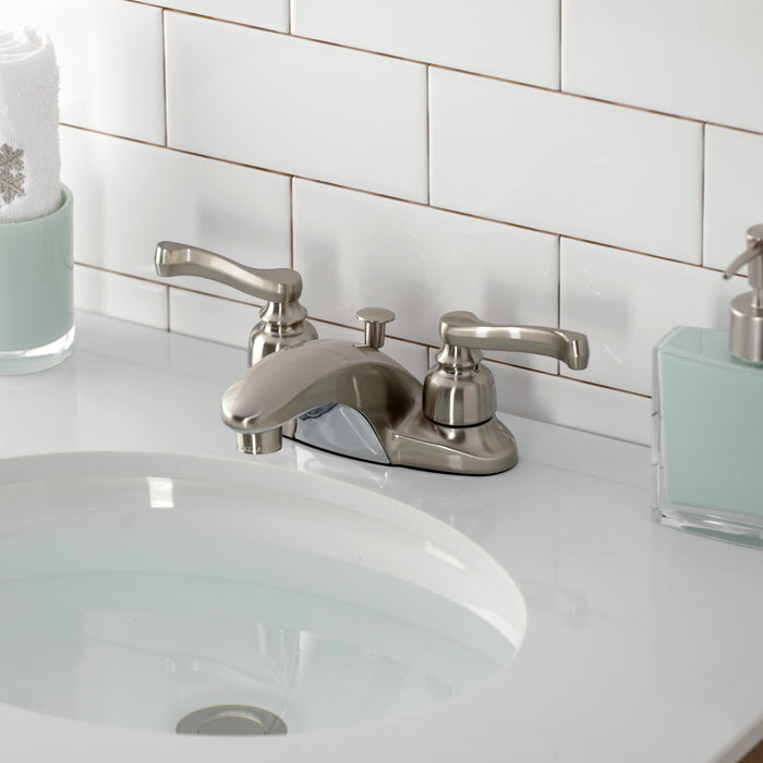 Kingston Tulare KB628FL - Magellan Double-Handle 3-Hole Deck Mount 4-Inch Centerset Bathroom Faucet with Pop-Up Drain, Brushed Nickel